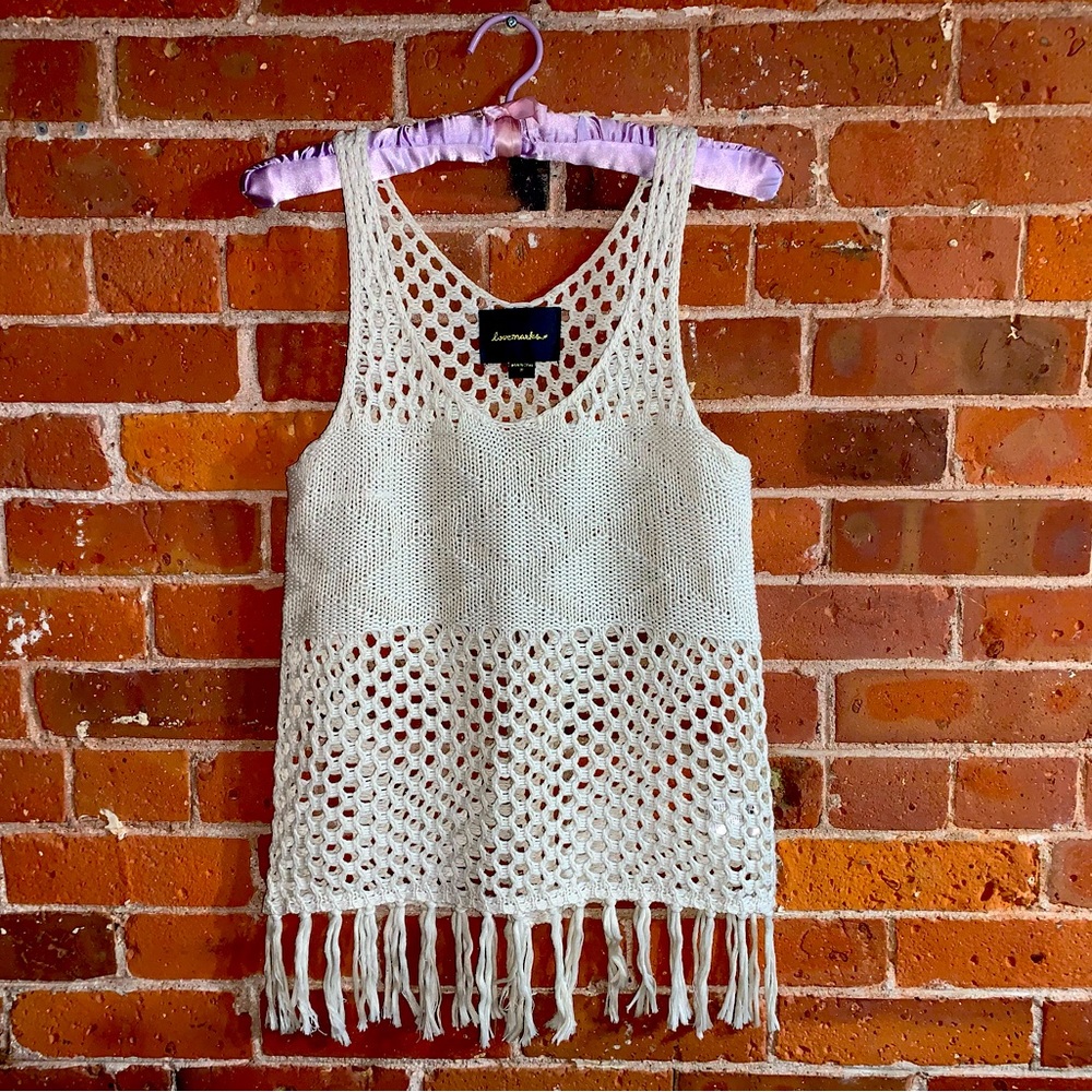 Lovemarks Crochet Fringe Tan/Cream Tank Top  - Medium